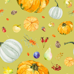 Seamless pattern of watercolor illustrations of Autumn pumpkins, leaves, apples, pear, acorn,