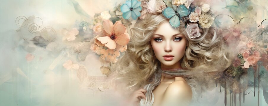 Stunning vintage boho woman background, in the style of collage like mixed media pieces, pastell tones, multilayered dimensions, timeless artistry Generative AI