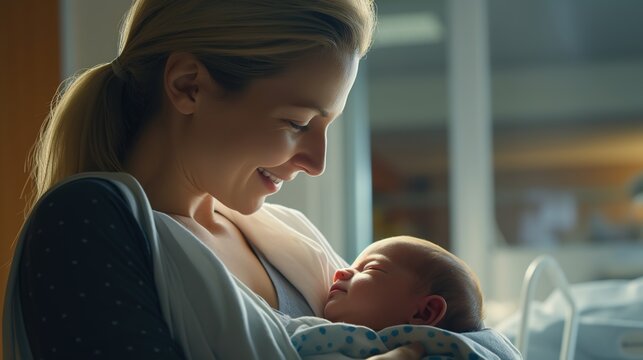A Family and Children: Close - up of a day - old boy in the arms of his mother in the hospital, a cute smiling baby, a happy mother, a very realistic human profile