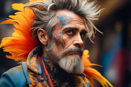 Man with painted face and beard with mohawk.