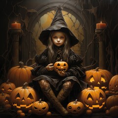 halloween witch with pumpkin in hands