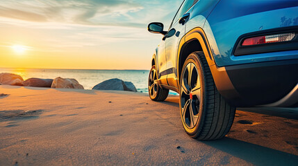 Fototapeta na wymiar Car on the beach at sunset. Concept of travel and vacation