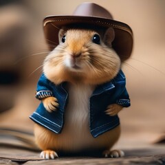 A gerbil in a cowboy outfit, complete with a tiny hat and a lasso1 - obrazy, fototapety, plakaty