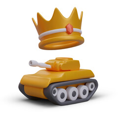 3d realistic tank and gold crown with red diamond. Battles, warfare concept. Victory in the war, player award. Vector illustration in 3d style in yellow colors