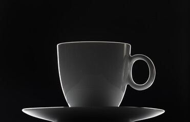 Porcelain coffee cup on a saucer isolated on black background. Close up. Dark backlit studio scene.