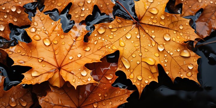 AI Generated. AI Generative. Fall autumn tree leaves on rainy day background decoration. Graphic Art