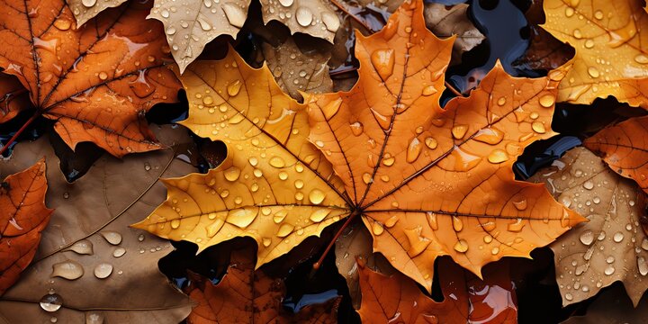 AI Generated. AI Generative. Fall autumn tree leaves on rainy day background decoration. Graphic Art
