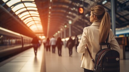 A Fashionable Asian woman holding a small bag waiting for the train at the station, modern and comfortable train station full of passenger amenities.