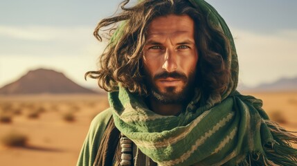 Nomad with smaragd green outfit in the desert