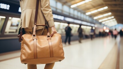 Fototapeta premium A Fashionable Asian woman holding a small bag waiting for the train at the station, modern and comfortable train station full of passenger amenities.
