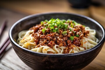 Dan dan noodles: Bowl of Spicy and savory noodles