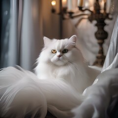 A fluffy white cat dressed as a spooky ghost with a flowing sheet draped over it5
