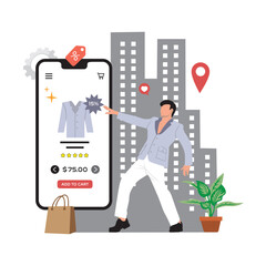 Online Shopping Concept. Man with shopping bags in the city. Vector illustration in flat style