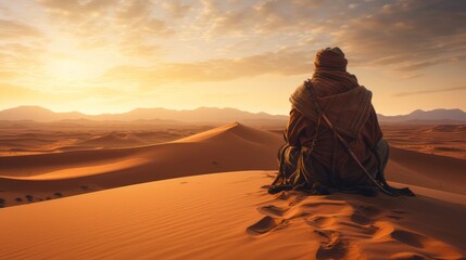 Nomad sitting in the desert in the evening hours - obrazy, fototapety, plakaty