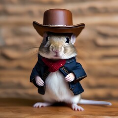 A gerbil in a cowboy outfit, complete with a tiny hat and a lasso2 - obrazy, fototapety, plakaty