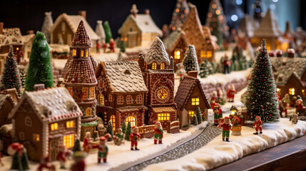 Fototapeta premium Christmas gingerbread houses and village close up shot of decorated gingerbread cookies 