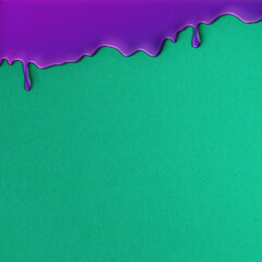 Top side blue purple paint droplets drip on green square wall with copy space background template