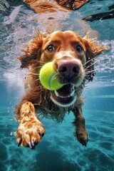 Fetching Golden Retriever dog diving in swimming pool reaching for tennis ball