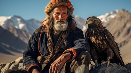 Portrait of a nomad with his eagle - obrazy, fototapety, plakaty
