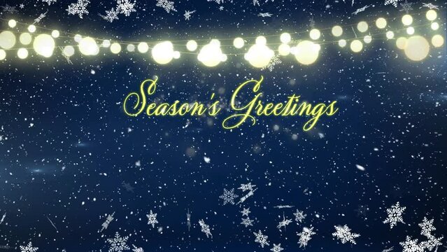 Animation of snowflakes over seasons greetings text banner and fairy lights against night sky