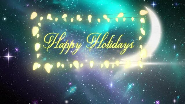 Animation of happy holidays text over fairy lights banner against shining stars in space