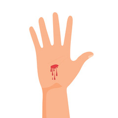 Hand with bleeding cut. Palm wound. Injury icon isolated on white background