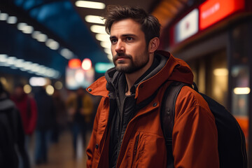 Man with beard and backpack standing in subway station. - obrazy, fototapety, plakaty