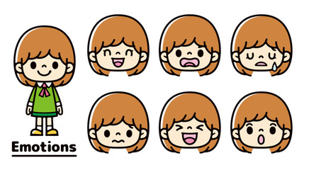 Set of icons with different expressions of girls