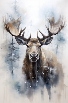 Moose in watercolor. Animal on a white background. Generative AI