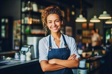 Portrait of a cheerful attractive satisfied smiling young woman with crossed arms and wearing apron working in a coffee shop - obrazy, fototapety, plakaty