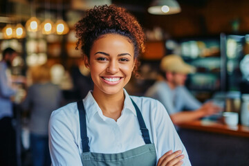 Obraz premium Portrait of a cheerful attractive satisfied smiling young woman wearing apron working in a coffee shop