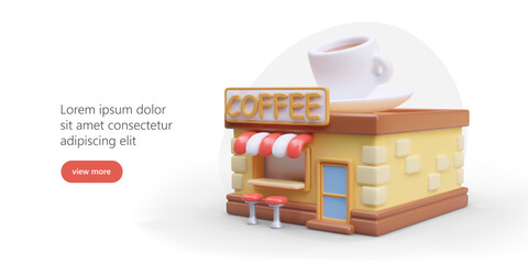 3D coffee shop with street counter and round bar stools. Mini building with decorative white cup of coffee on roof. Template for online advertising. Place for advertiser text, button link - obrazy, fototapety, plakaty