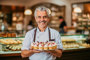 Portrait of joyful mature handsome satisfied smiling pastry chef man wearing white uniform and holding plate with small creamy cakes working in pastry shop