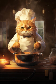 Naklejki Head chef cat cooking a meal in the kitchen. AI Generative