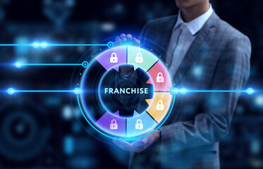 Business, Technology, Internet and network concept. Young businessman working on a virtual screen of the future and sees the inscription: Franchise