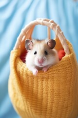 Hamster in a tiny knitted pouch