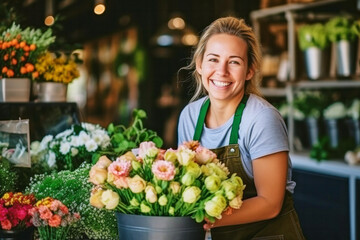 Portrait of a satisfied attractive joyful laughing woman florist working in a flower shop