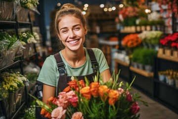 Portrait of a satisfied attractive joyful laughing woman florist working in a flower shop - obrazy, fototapety, plakaty