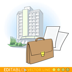 Briefcase and documents in front of green plants and residential buildings as background.