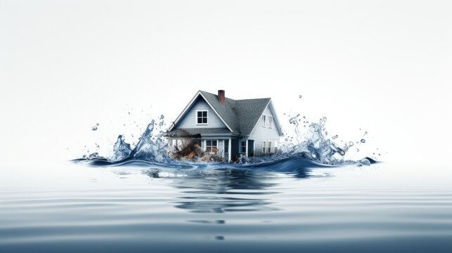 the housing crisis with a sinking house submerged in water against a white background. A powerful image conveying the challenges of home ownership and mortgage payments