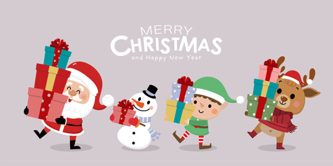 Merry Christmas and happy new year greeting card with cute Santa Claus, little elf, snowman and deer. Holiday cartoon character in winter season. -Vector - obrazy, fototapety, plakaty