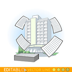 Documents in front of green plants and residential buildings as background.