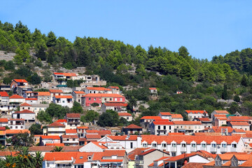 Obraz premium Promenade in Vela Luka, picturesque small town on island Korcula, Croatia.