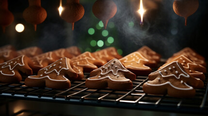 Different type of christmas cookies cooling on a wire tray close up with blurred background 
