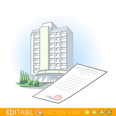 Seal-stamped documents in front of green plants and residential buildings as background.