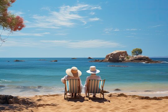 elderly couple sitting on sun lounger chair right on the beach by the sea