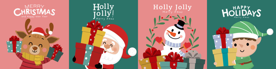 Merry Christmas and happy new year greeting card with cute Santa Claus, little elf, snowman and deer. Holiday cartoon character in winter season. -Vector