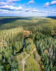 drone photo of camping area in wild forest with river flowing