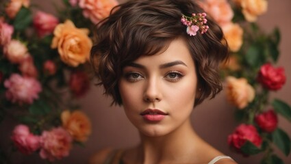 Naklejka premium Attractive brunette girl with big beautiful bouquet of flowers. Beautiful white girl with flowers. Pretty woman with bright cherry lipstick. Art portrait with flowers.
