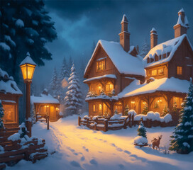 Christmas village in the snow with decorated houses and Santa Claus
